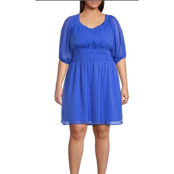 Vince Camuto Chiffon Mini Party Dress Half Sleeve 16W Cocktail Event Royal Blue - Picture 1 of 11